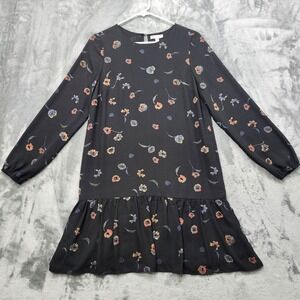 Lila Rose Dress Womens 2 Black Floral Long Sleeve Drop Waist Peplum Ruffle Hem
